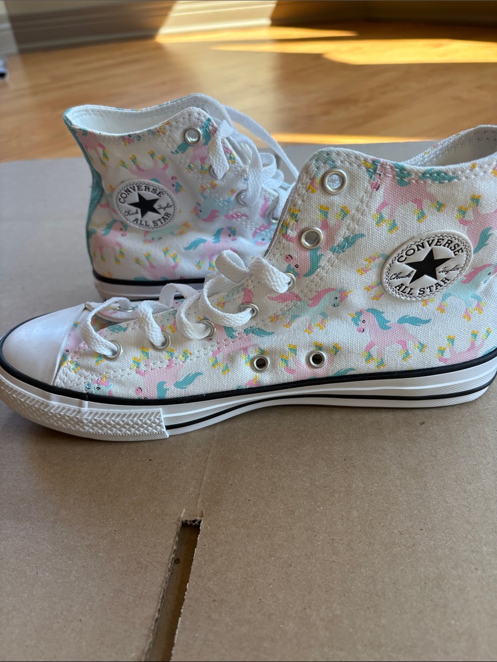 Converse Junior White High Top Sneakers with Pastel Unicorns